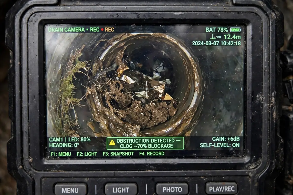 Drain camera screen showing a clog inside a pipe