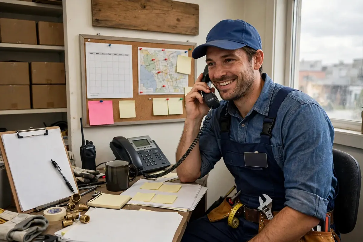 Plumber answering a customer call at a dispatch desk