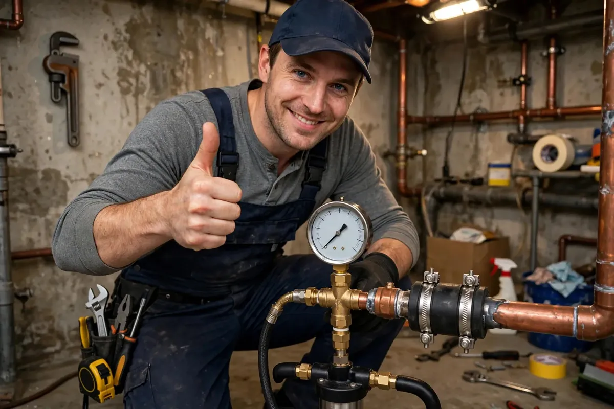 Plumber pressure testing a repaired pipe with a gauge