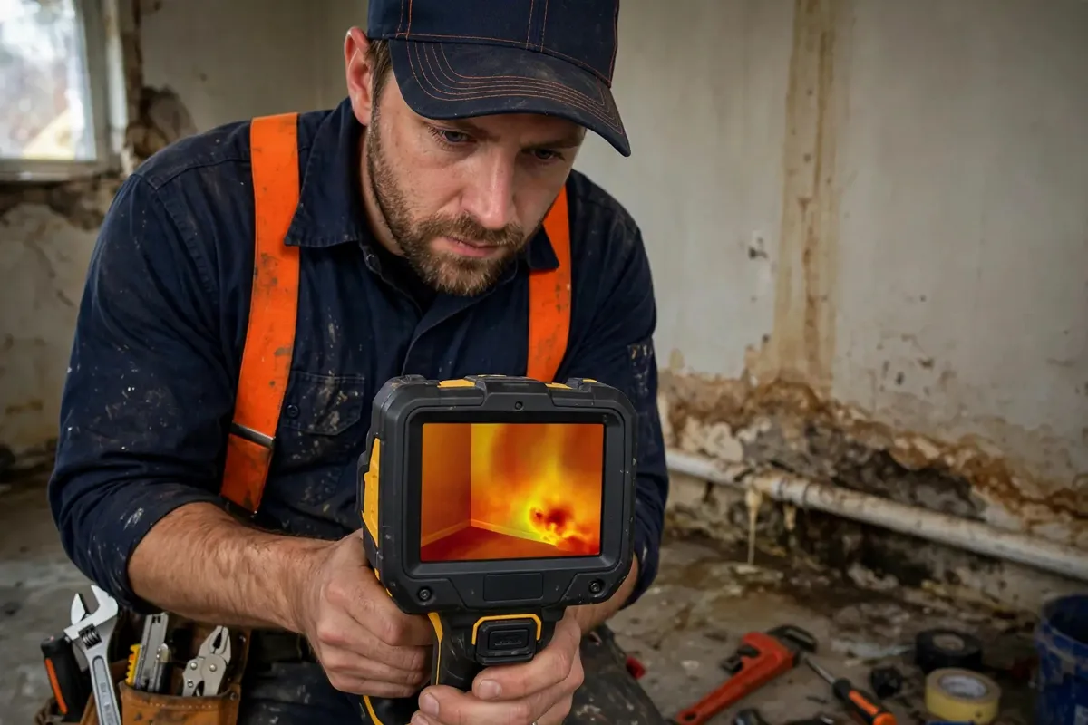 Thermal camera showing a hidden pipe leak inside a wall