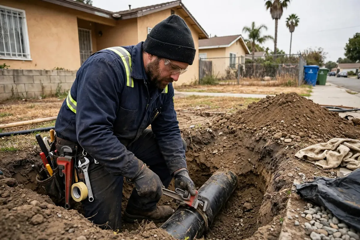 Technician clearing an aging cast iron drain in a Compton home