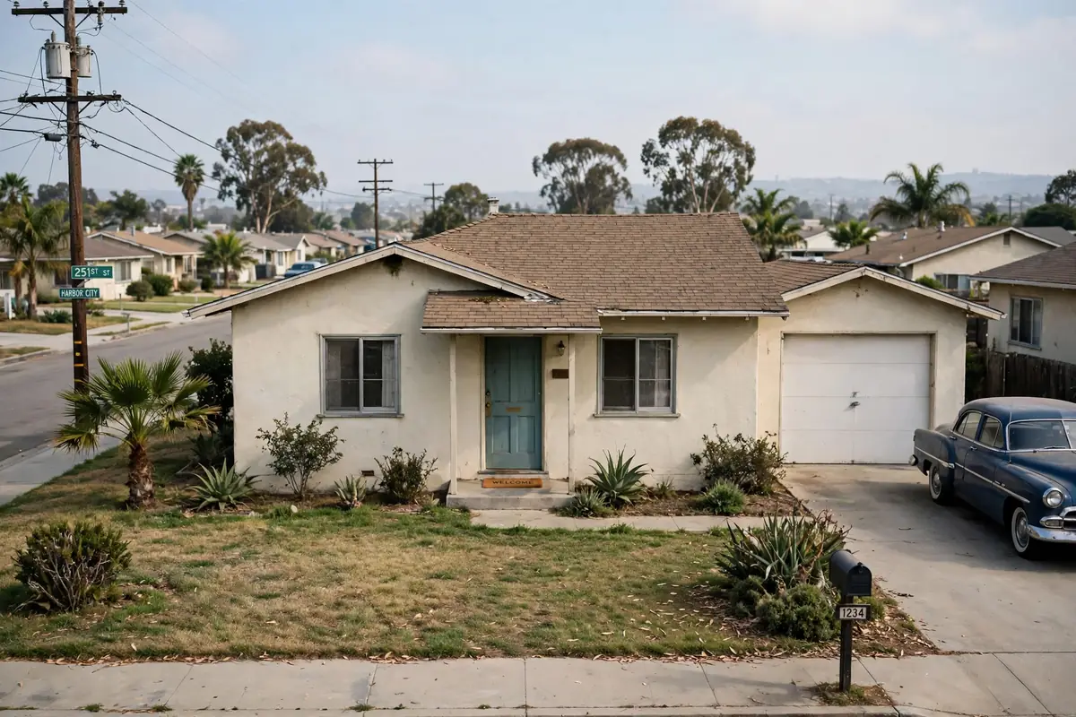 Postwar tract home on a compact lot in Harbor City California