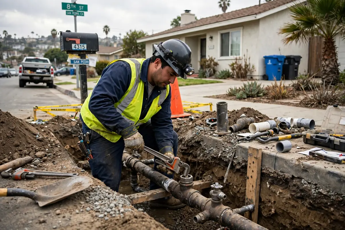 Plumber testing water pressure at a San Pedro hillside home