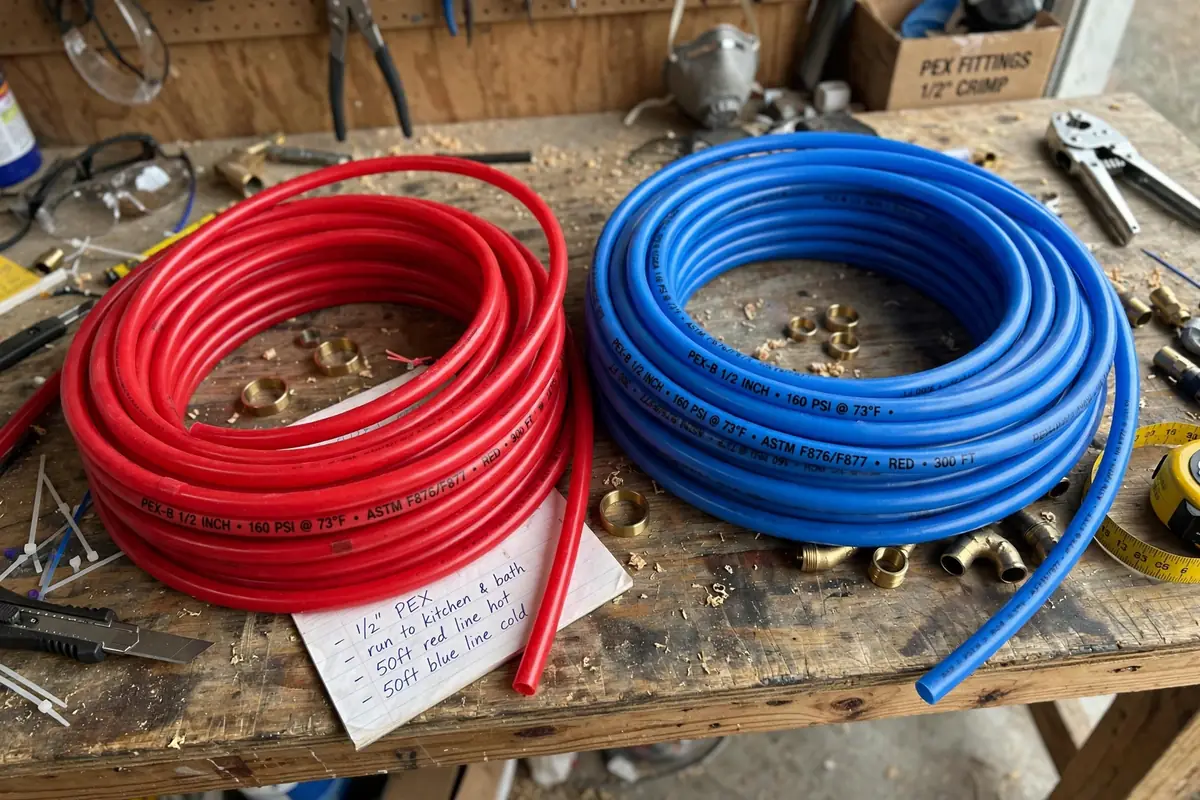 Coils of red and blue PEX tubing on a workbench