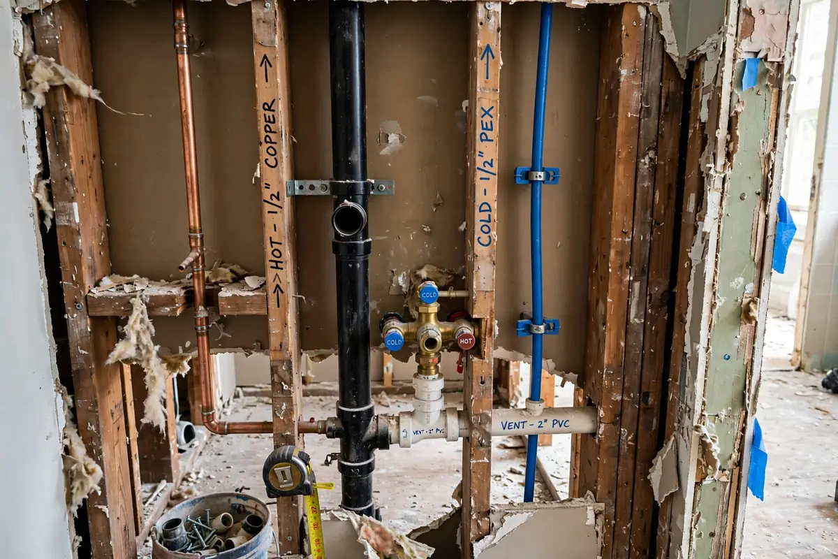 Rough in plumbing pipes in a bathroom wall under renovation