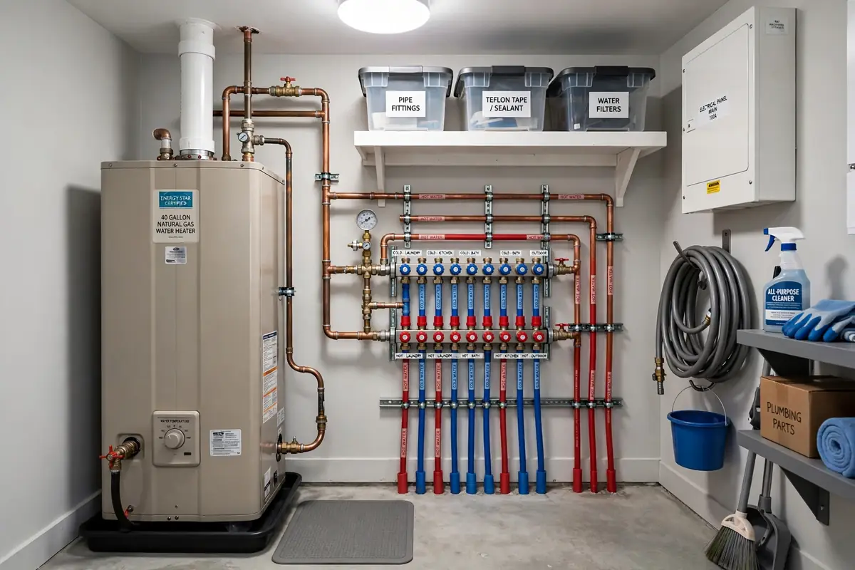 Tidy utility room with a water heater and organized pipes
