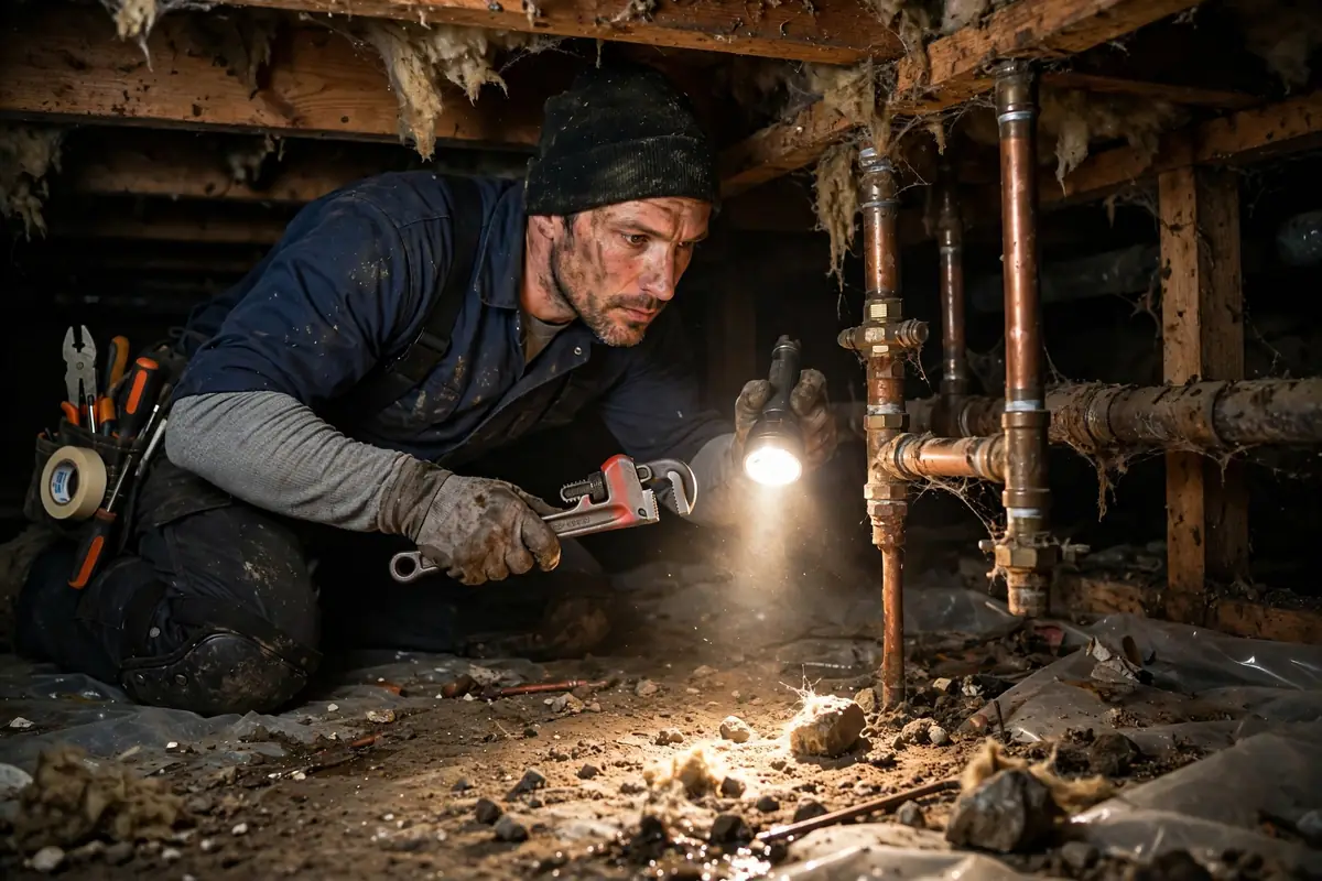 Plumber working in a crawl space with a flashlight