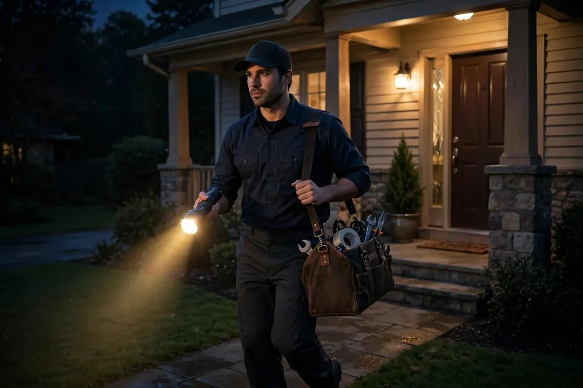 Plumber arriving at a home at night with a flashlight