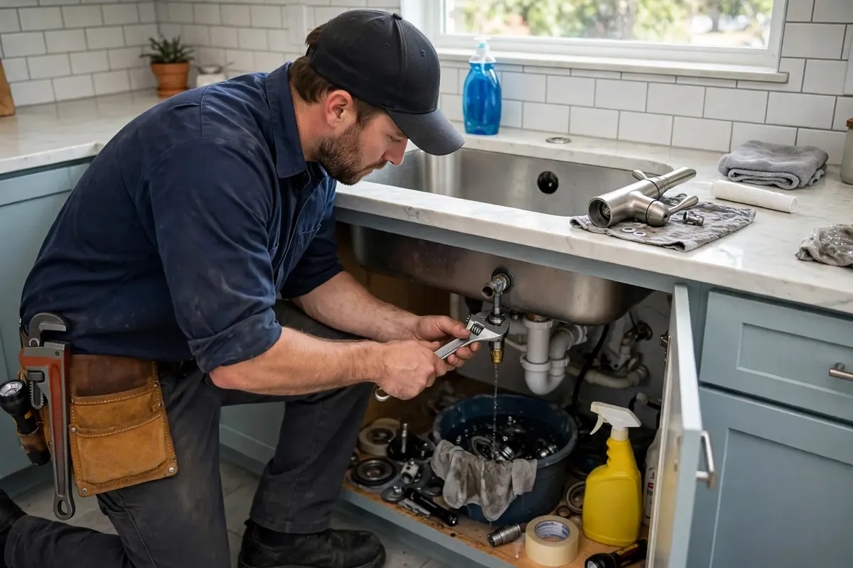 Plumber replacing a kitchen faucet