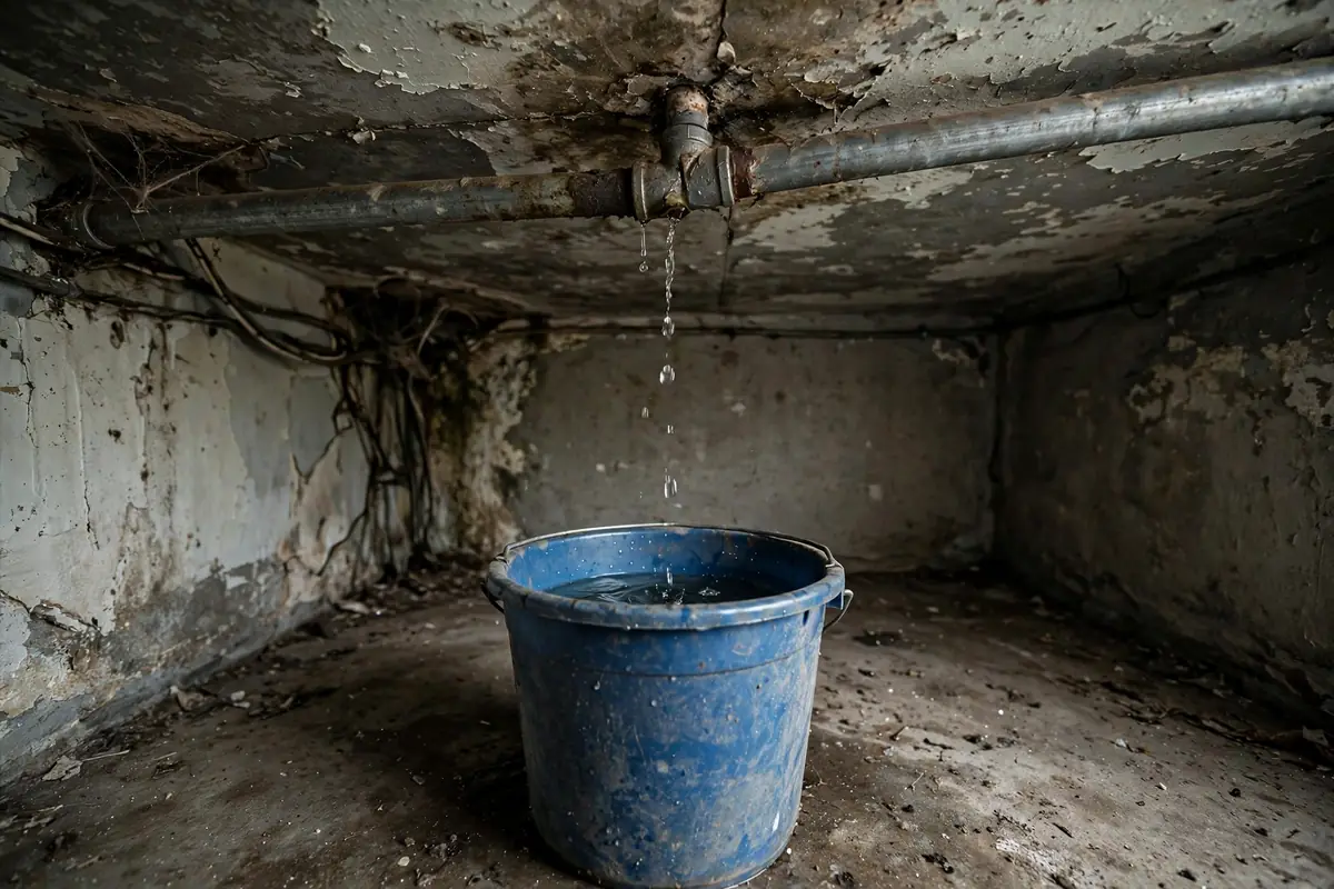 Bucket catching drips from a leaking ceiling pipe