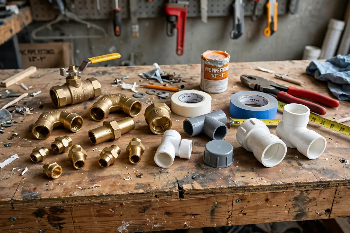 Assorted brass and PVC pipe fittings on a workbench