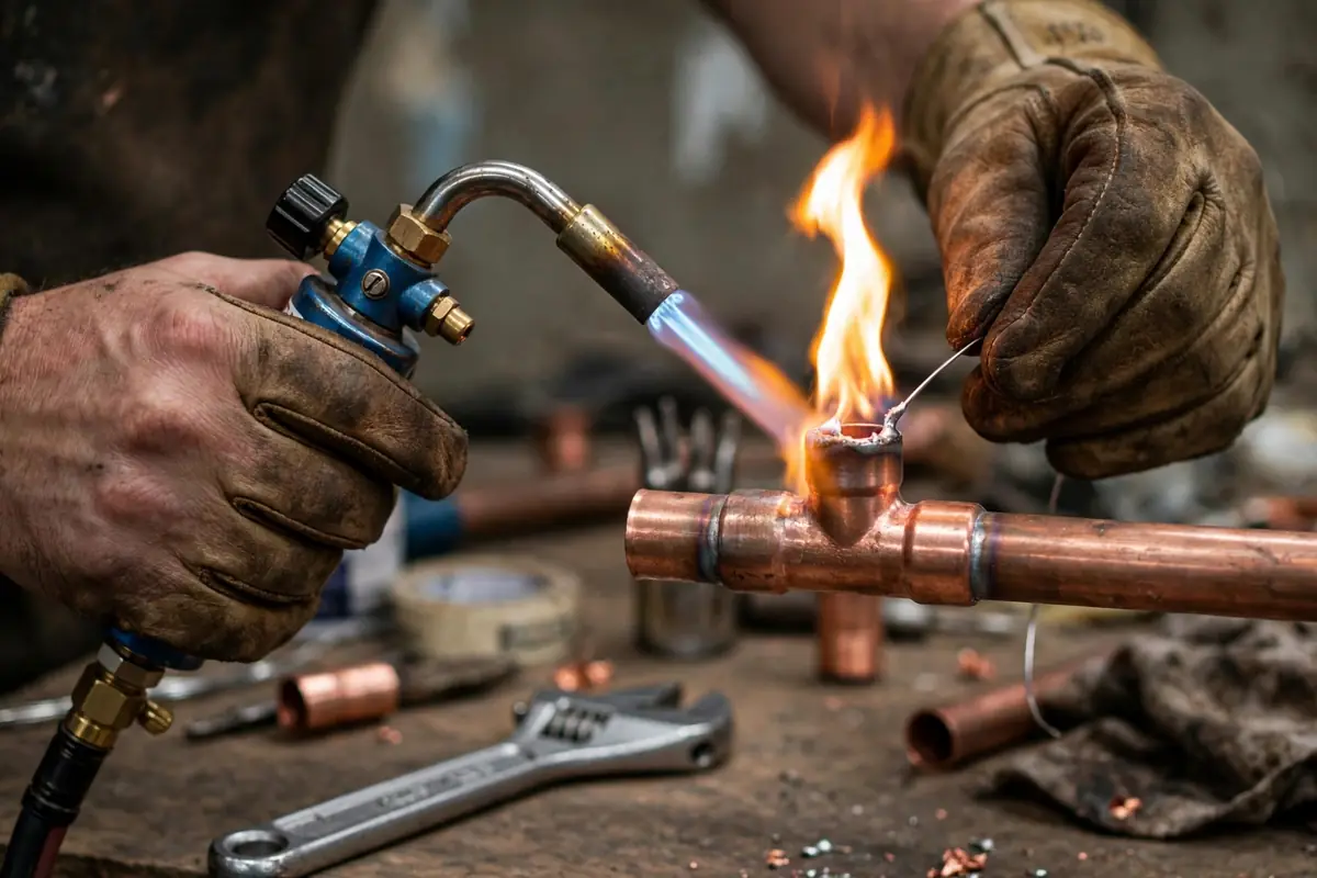 Soldering a copper pipe joint with a torch
