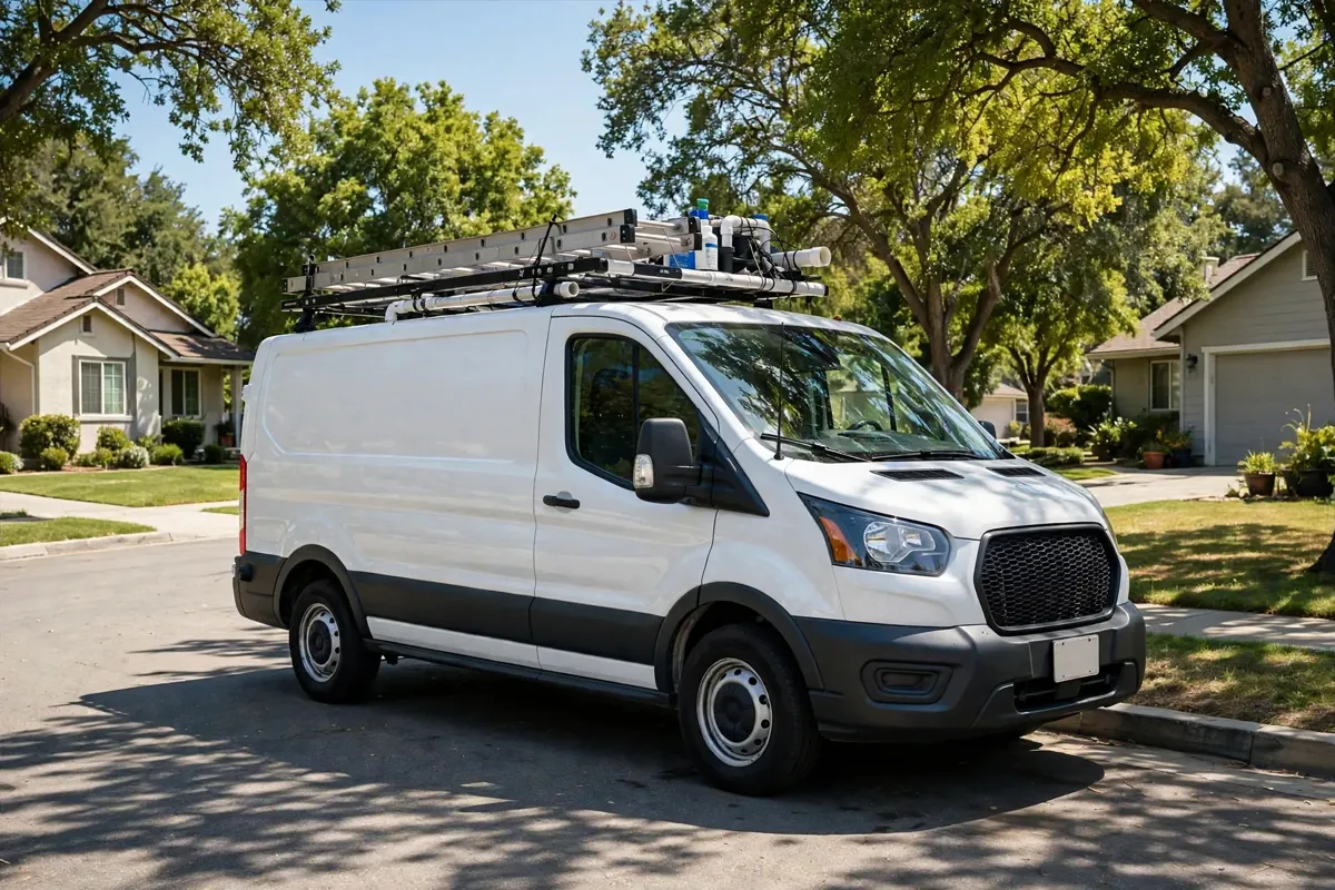 Plumbing service van parked on a suburban street