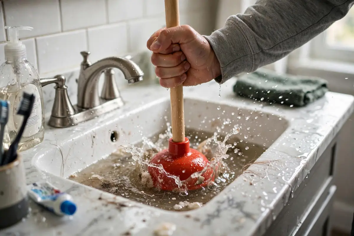 Plunging a clogged bathroom sink