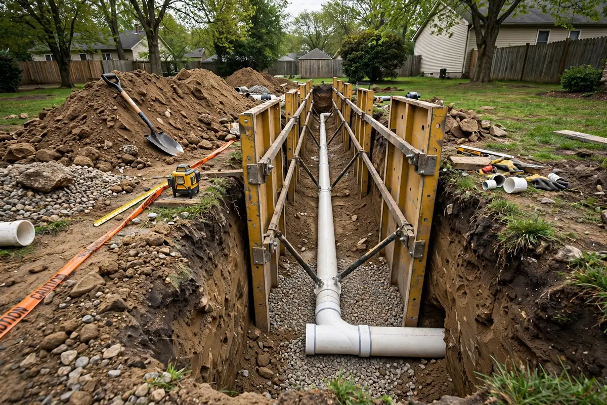 New sewer pipe being laid in a deep trench
