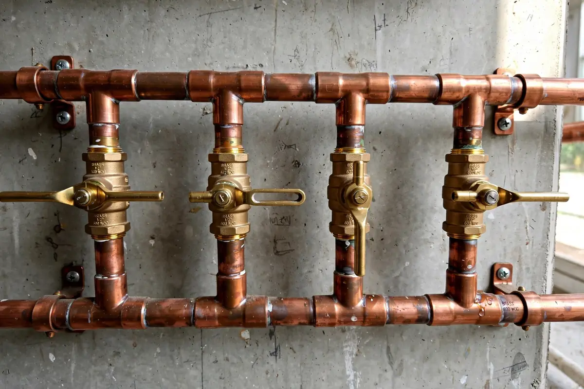 Row of brass shutoff valves on copper pipes