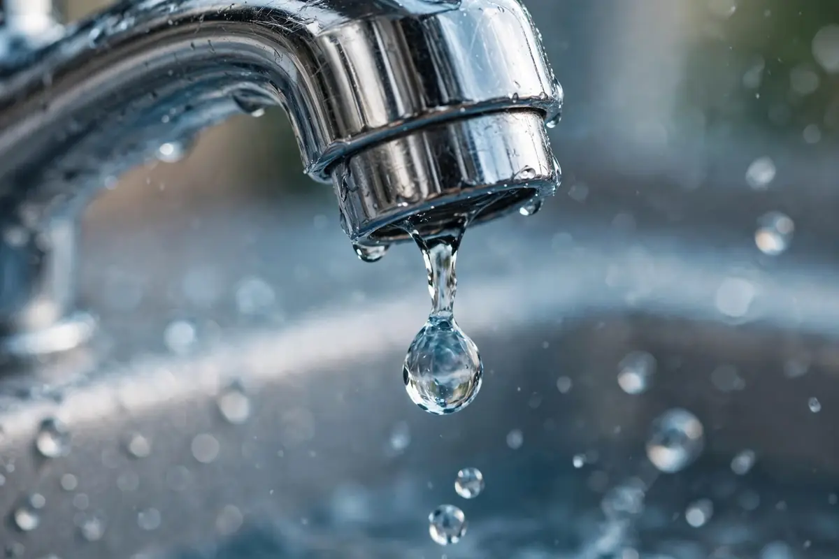 Water drop falling from a chrome faucet