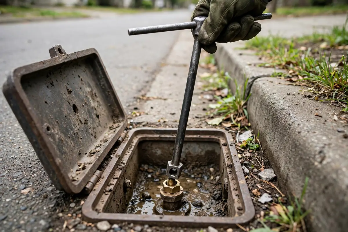 Curb water shutoff valve being turned with a meter key