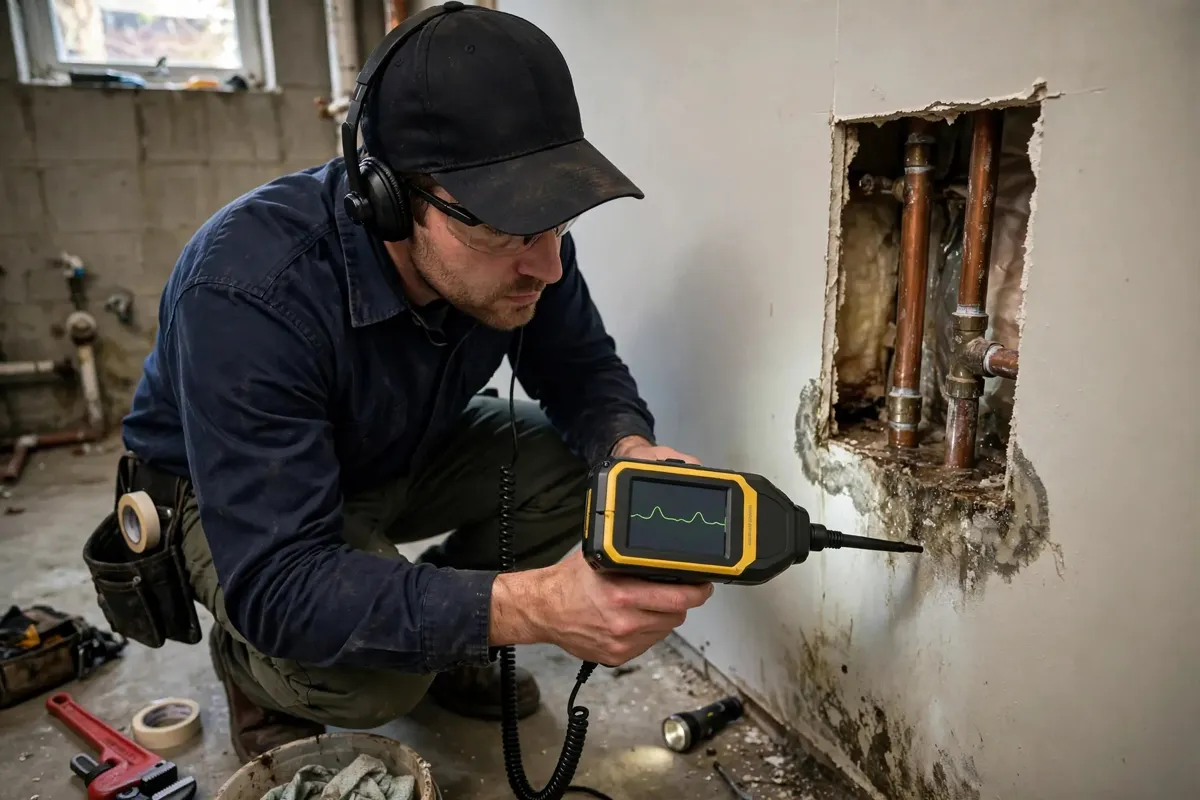 Plumber tracing a hidden leak with detection equipment