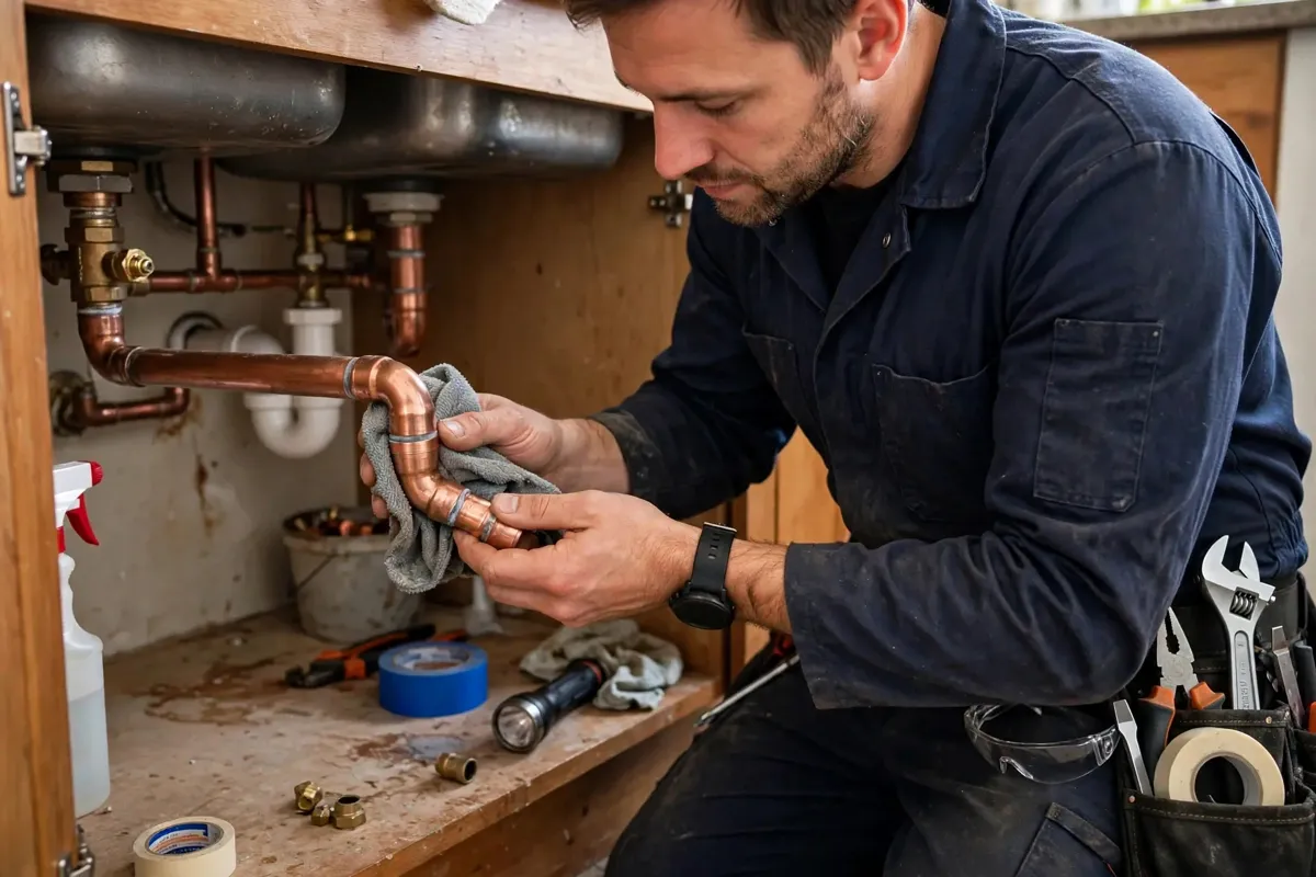 Plumber finishing a pipe repair and wiping the joint clean