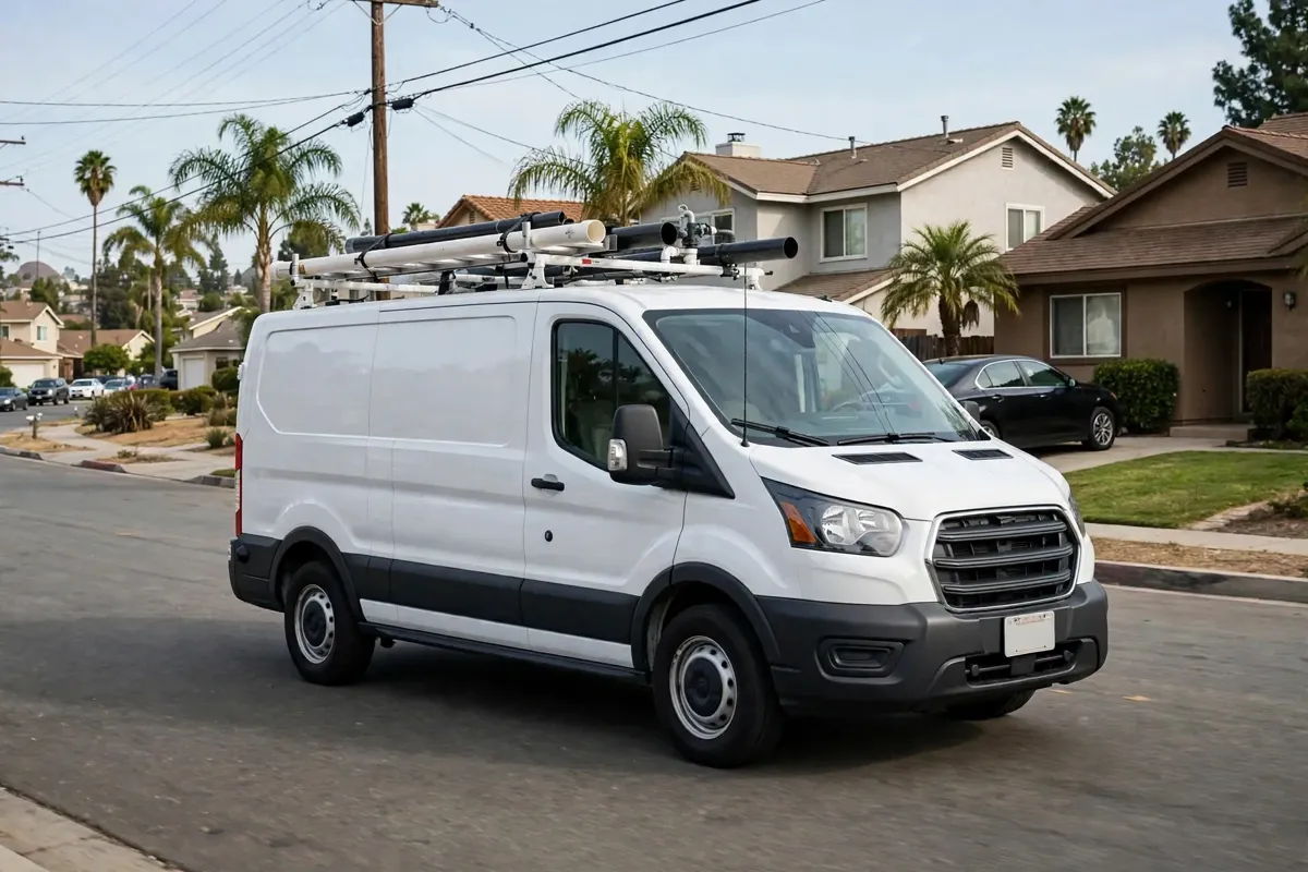 Plumbing service van driving through a Carson CA neighborhood