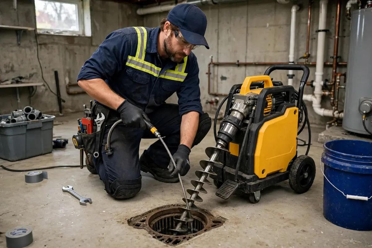 Plumber cleaning a drain with professional equipment