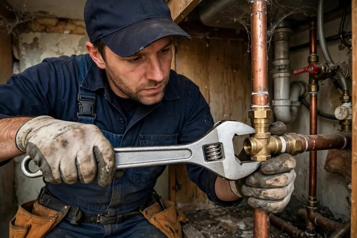 Plumber tightening a pipe fitting with a wrench