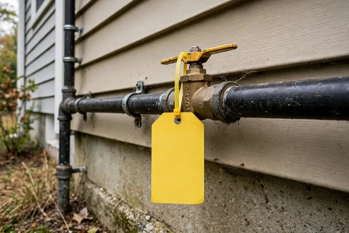 Gas line shutoff valve on a house exterior