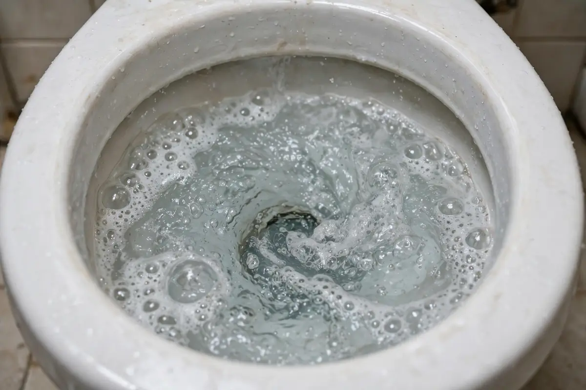 Gurgling toilet bowl with bubbling water