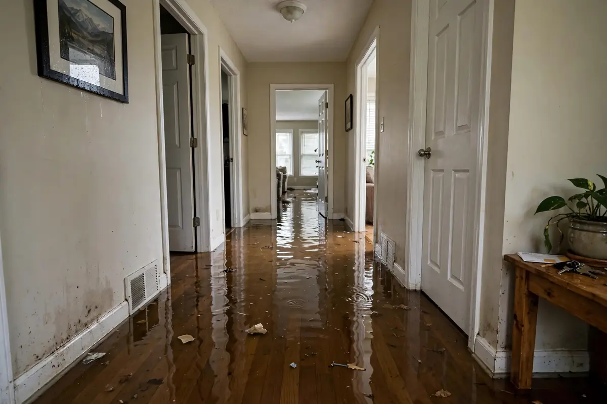 Flooded hallway inside a home after a burst pipe
