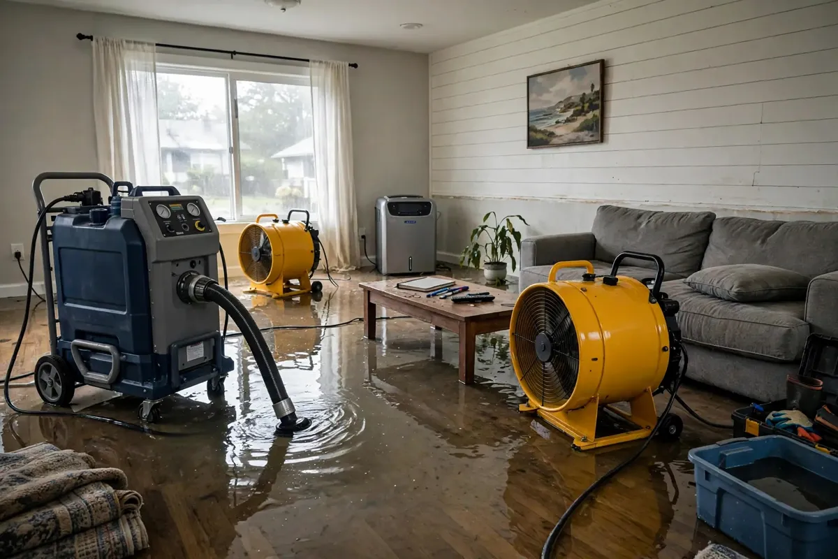 Drying fans and extraction equipment in a flooded living room